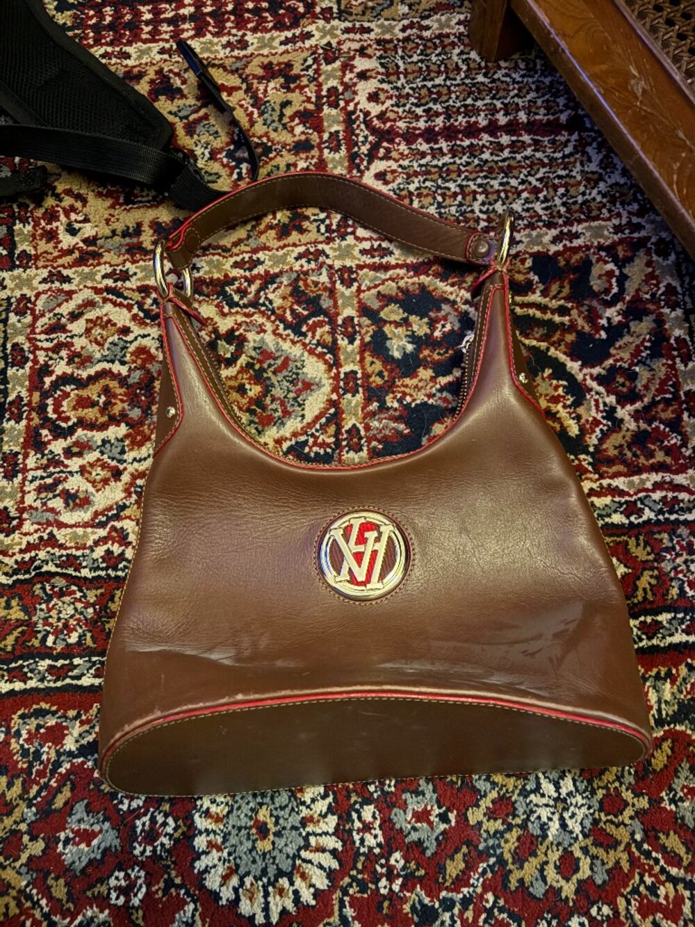 Victor Hugo Authentic Monogram Hobo Shoulder Bag (brown & red trim)